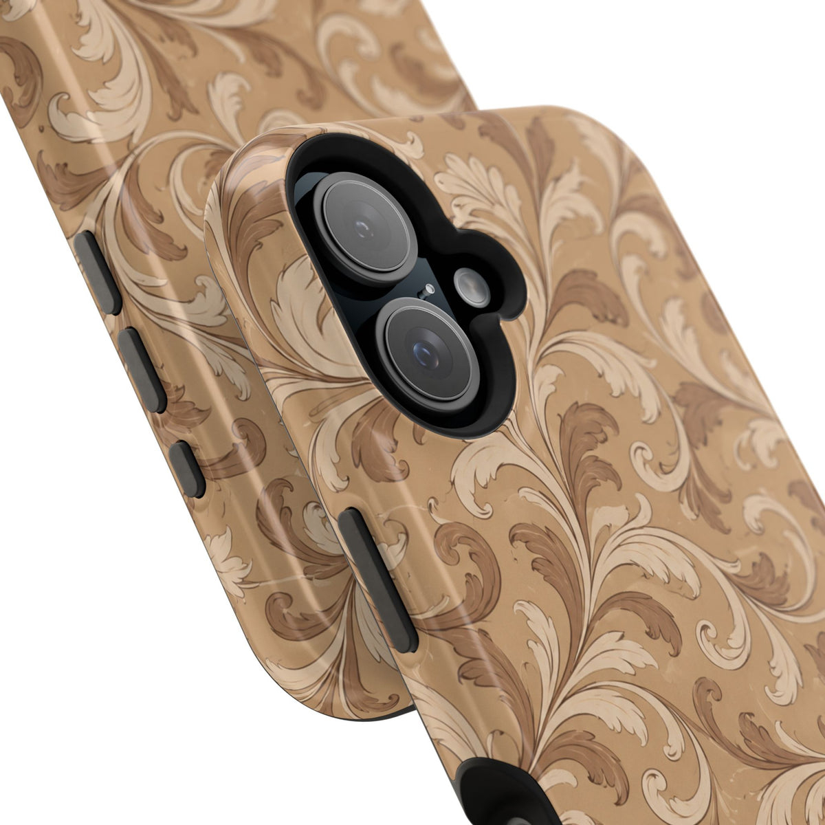 Saddle Scrolls – Tan Western Scrollwork MagSafe Phone Case, glossy vertical dual-camera model, camera and side-button close-up
