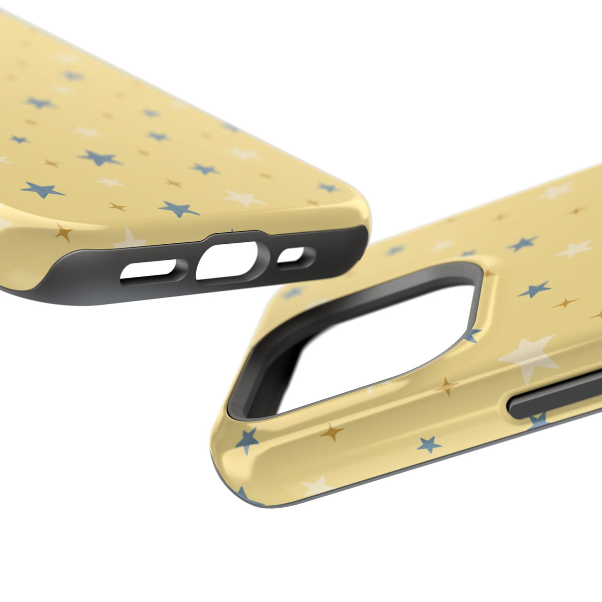 Prairie Stars – Yellow and Blue Star MagSafe Phone Case, glossy square triple-camera Pro model, port openings and edge details