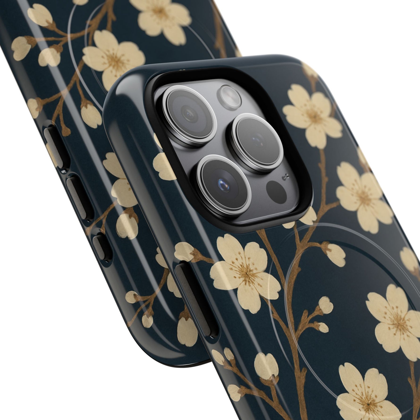 Navy Cherry Blossom Floral iPhone Case - Compatible with MagSafe - Shamo's