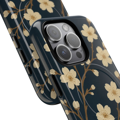 Navy Cherry Blossom Floral iPhone Case - Compatible with MagSafe