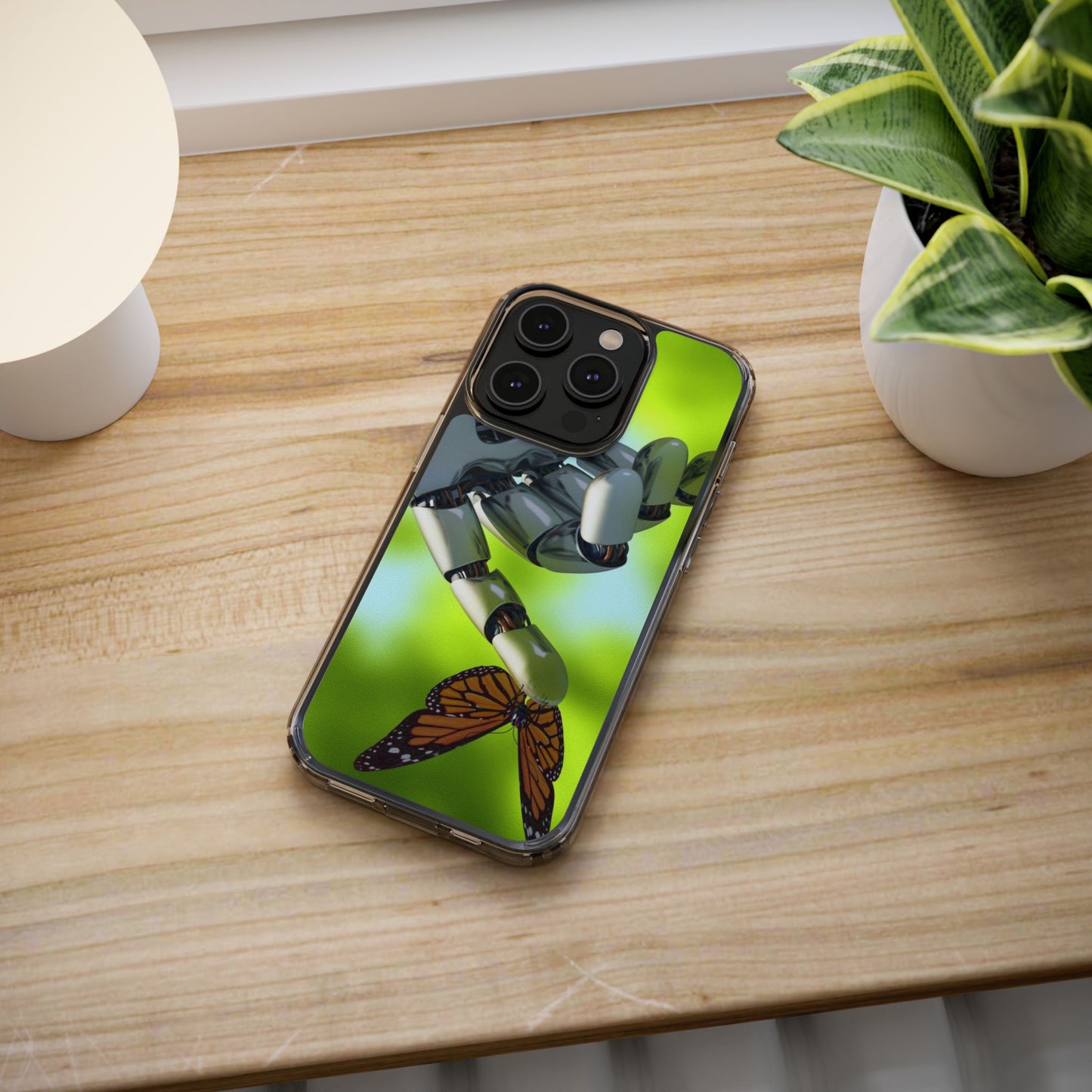 Clear Cases for iPhone 14 Series with Robotic hand and Butterfly.