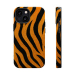 Tiger print phone case shown front and side view, slim variant size, black and orange stripes