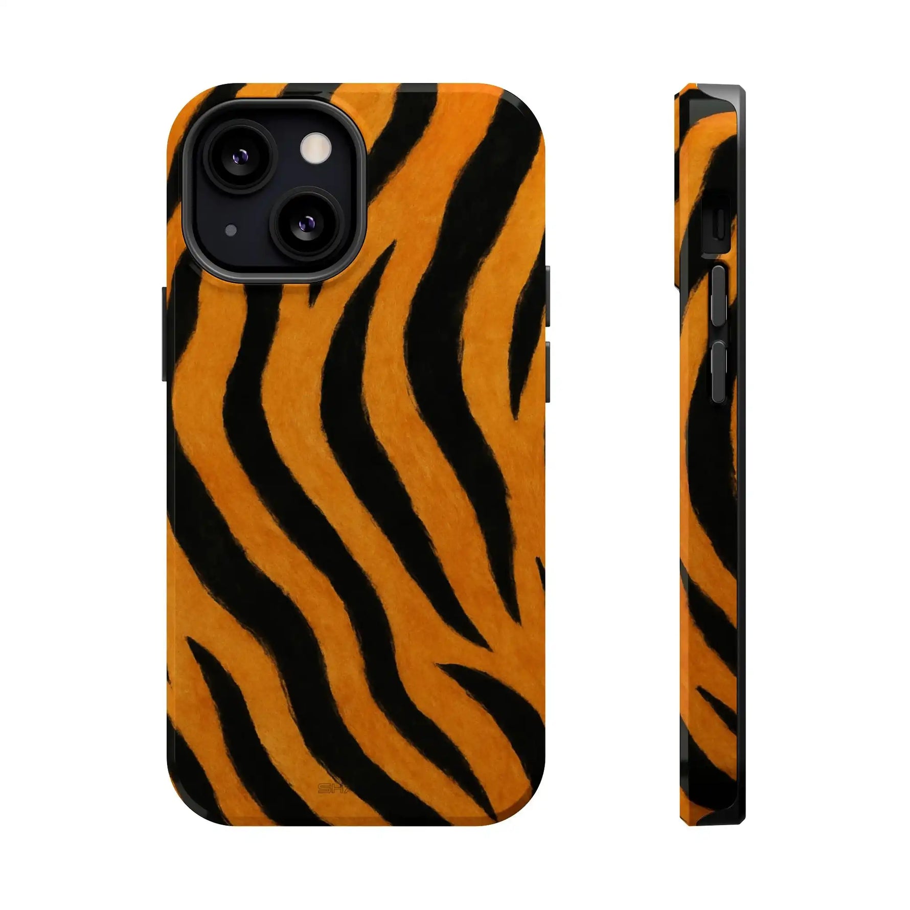 Tiger print phone case shown front and side view, slim variant size, black and orange stripes