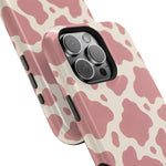 Rose Cowprint – Pink Cow Print MagSafe Phone Case, glossy square triple-camera Pro model, camera and side-button close-up