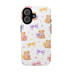 Small-size iPhone case with cute teddy bears, pastel bows, and heart pattern on white background