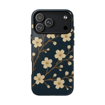 Navy Cherry Blossom Floral iPhone Case - Compatible with MagSafe