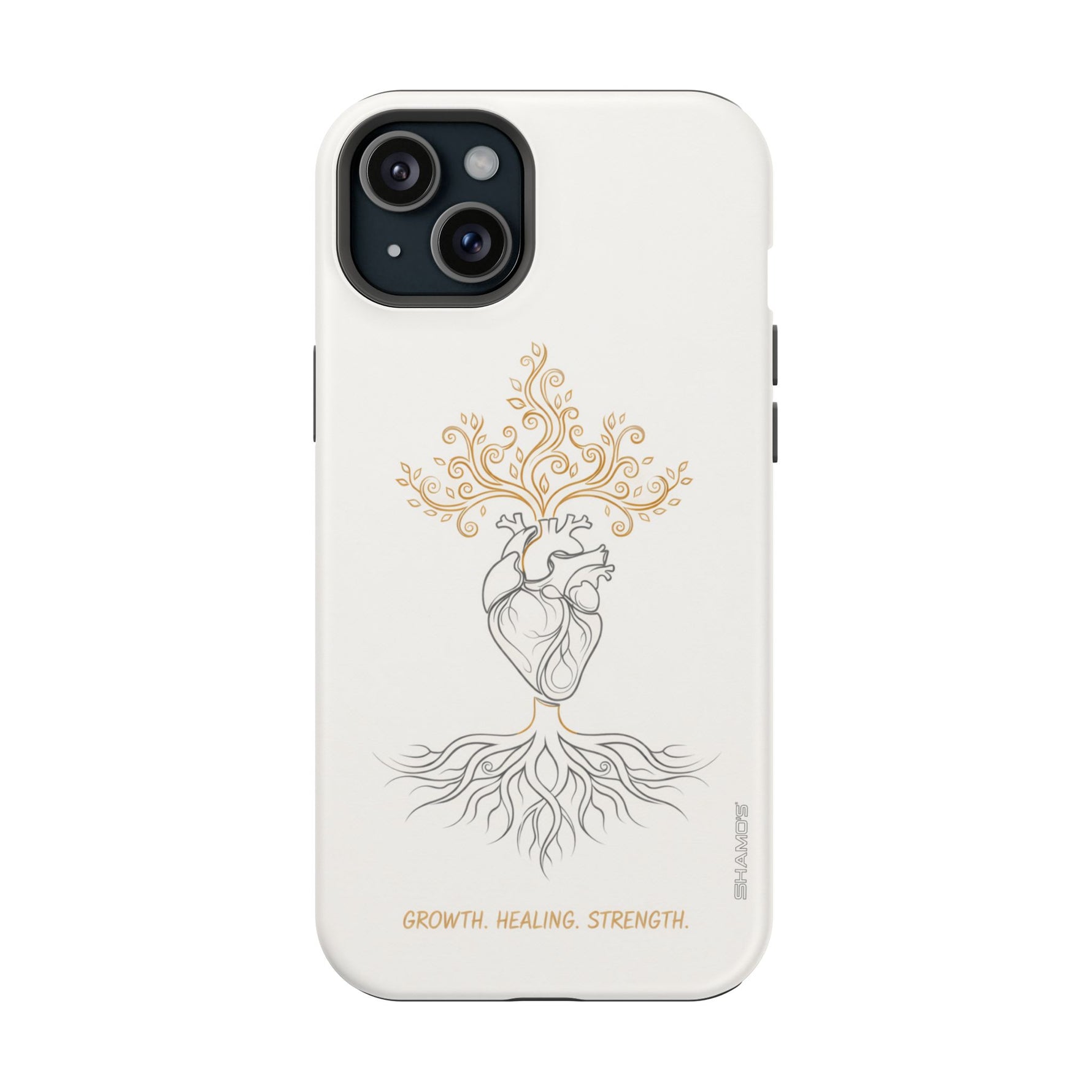 Minimalist Impact-Resistant iPhone Case, Heart Root Illustration ("Growth. Healing. Strength.") MagSafe Compatible - iPhone 15 Plus / Matte - Shamo's