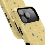 Prairie Stars – Yellow and Blue Star MagSafe Phone Case, glossy compact wide-camera Pro model, camera and side-button close-up