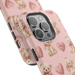 Pink Teddy Hearts Love iPhone Case, Impact-Resistant MagSafe Compatible