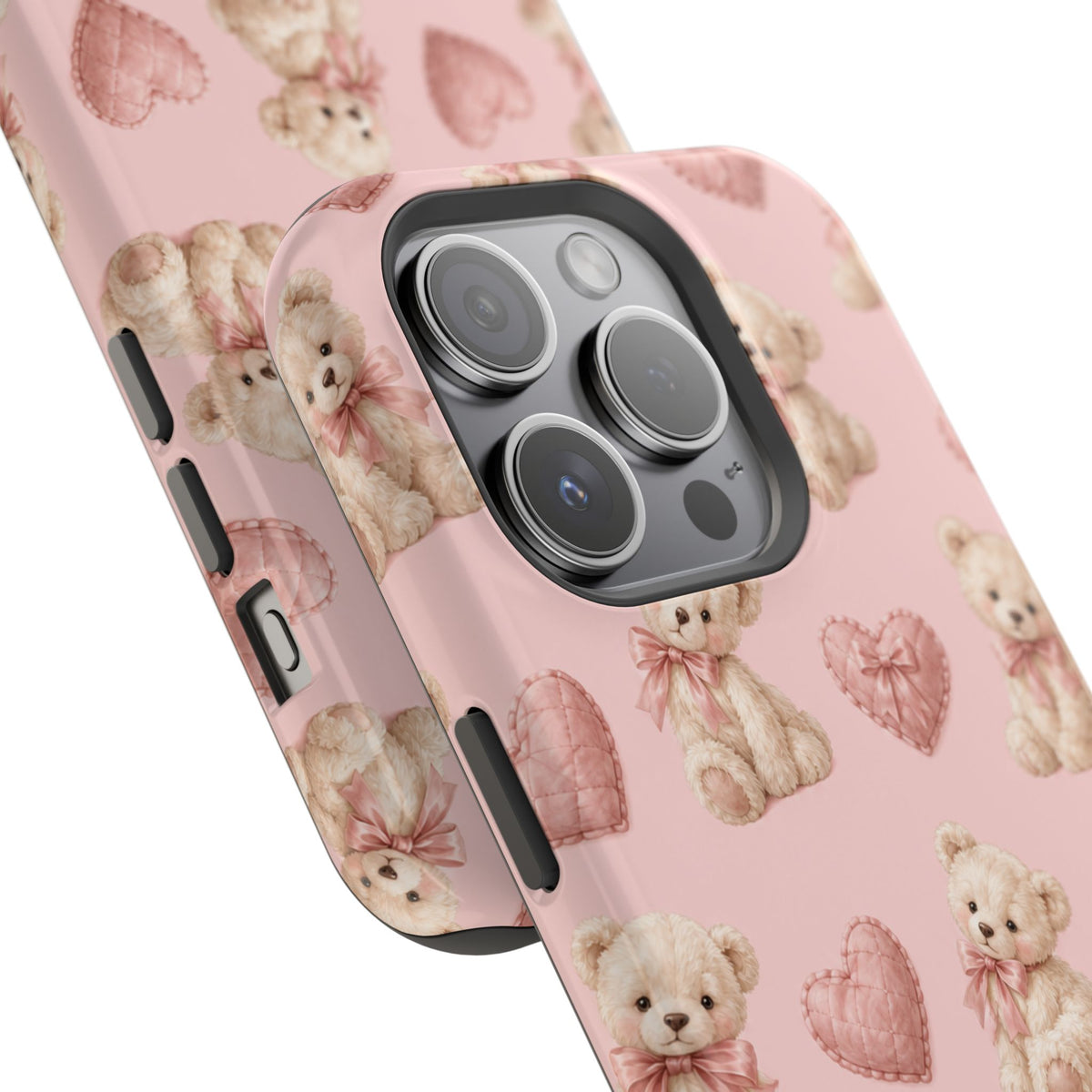Pink Teddy Hearts Love iPhone Case, Impact-Resistant MagSafe Compatible