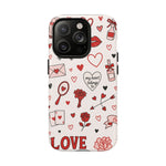 Romantic Love Doodle Tough iPhone Case ("LOVE", hearts, roses) (MagSafe compatible)  Shamo's iPhone 14 Pro / Matte