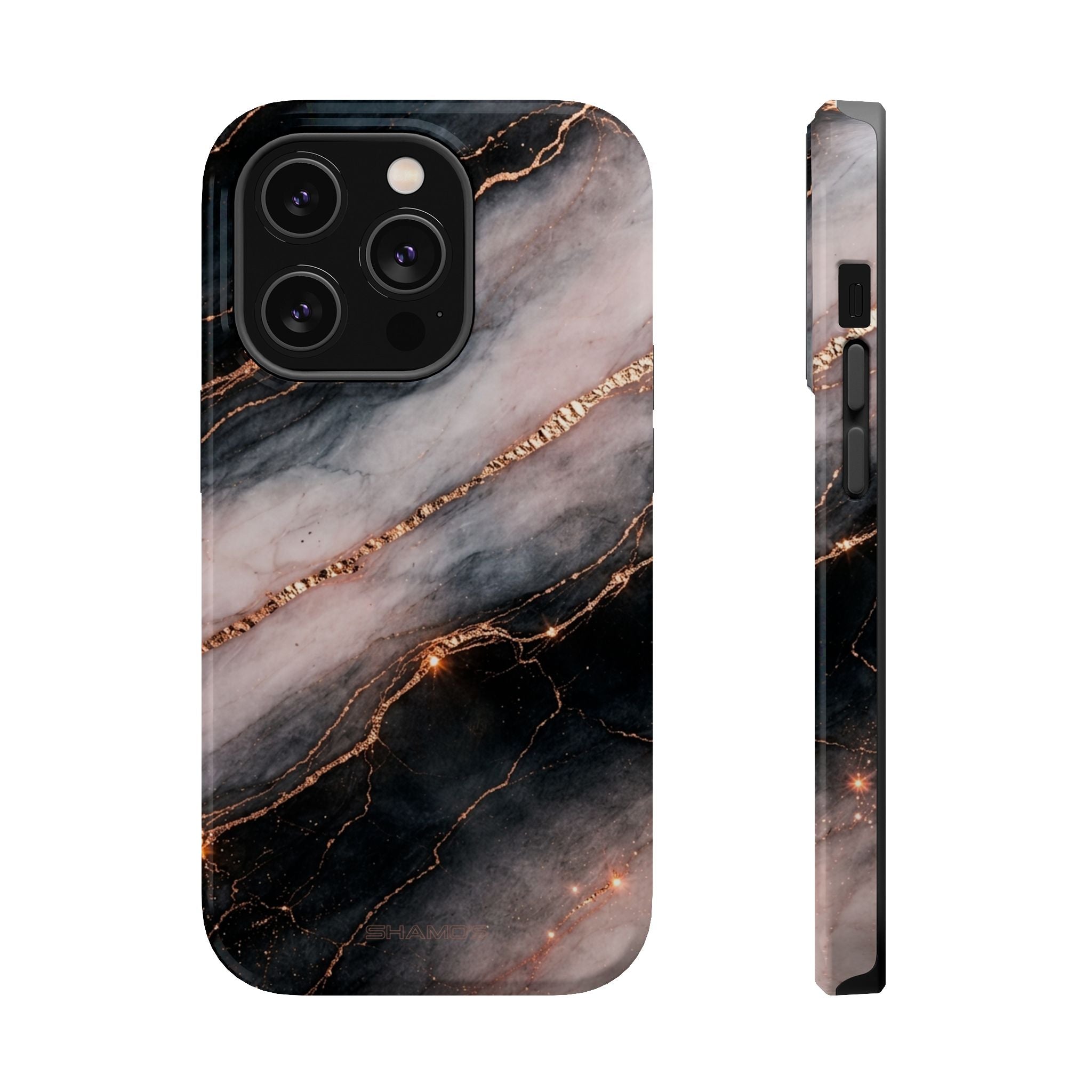 Marbled Black & Rose Gold Magnetic MagSafe Compatible Phone Case — Impact-Resistant
