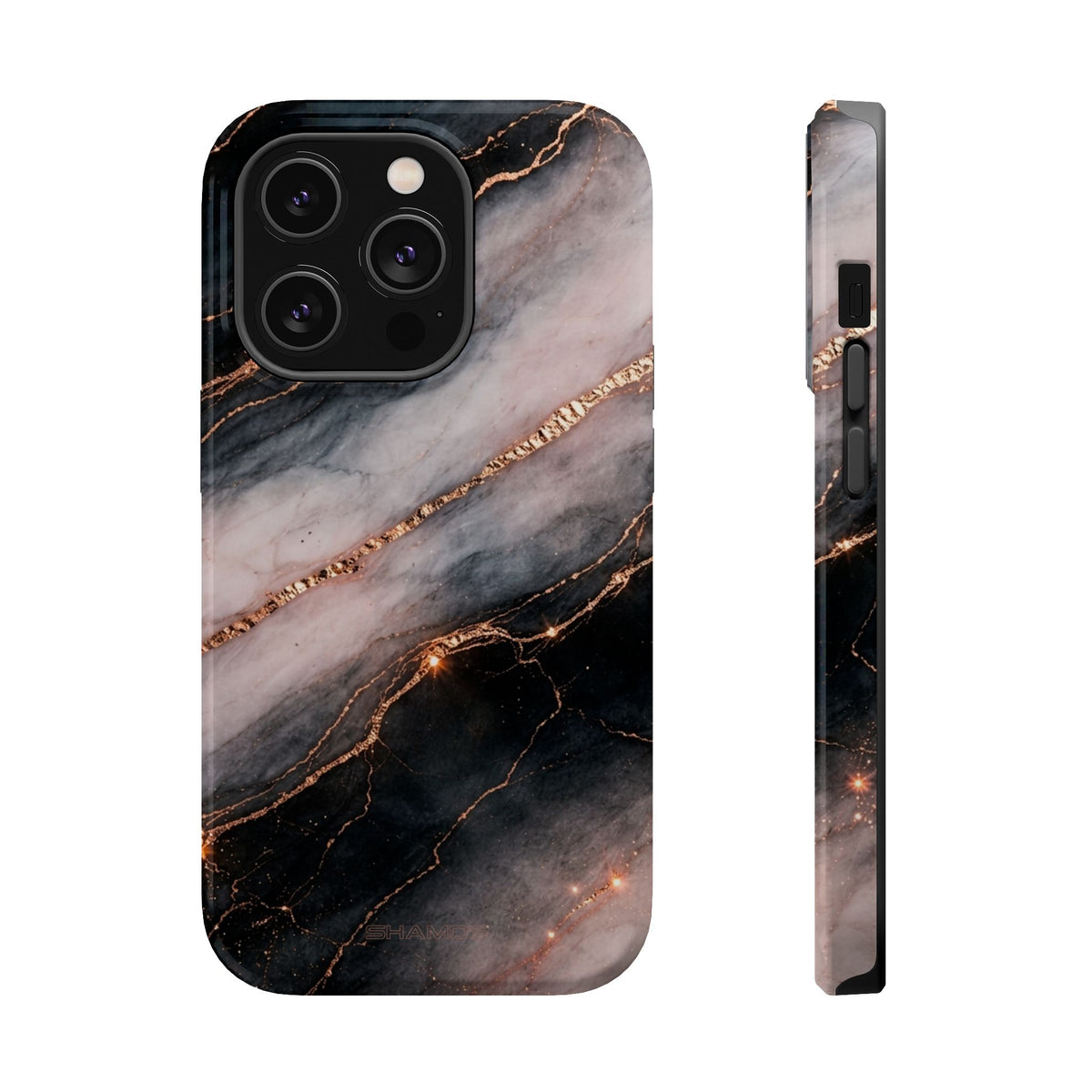 Marbled Black & Rose Gold Magnetic MagSafe Compatible Phone Case — Impact-Resistant