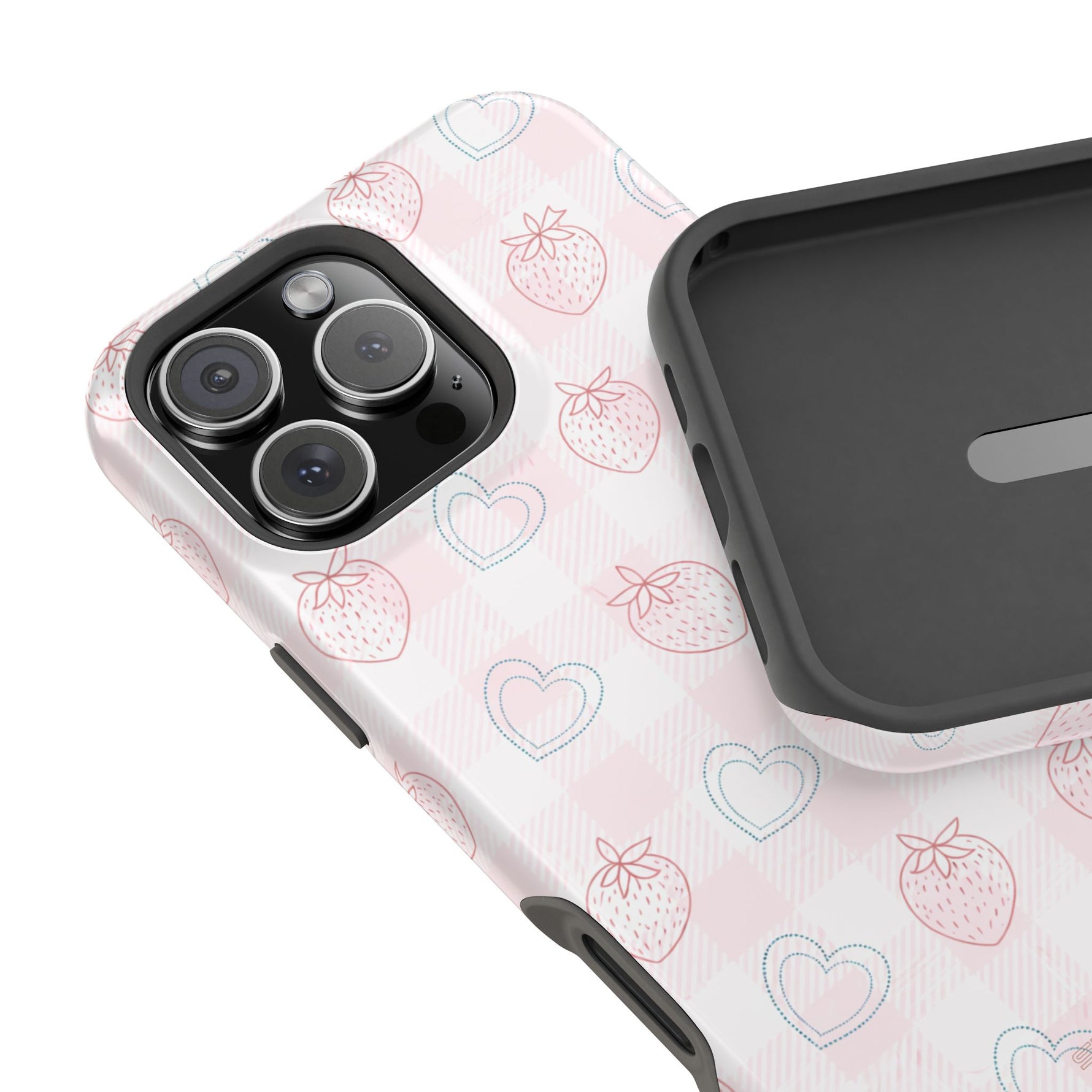 Strawberry Hearts MagSafe Compatible Phone Case | 'Paint it your way' Pink Plaid Impact-Resistant