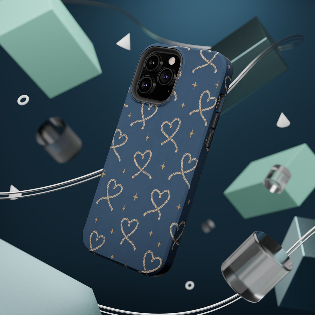 Lasso Hearts – Blue Western Heart MagSafe Phone Case, glossy square triple-camera Pro model, rear view with magnetic accessories