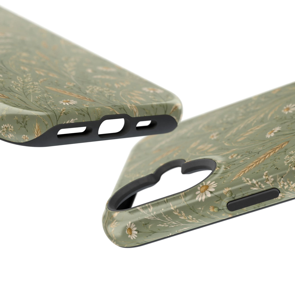 Golden Meadow – Sage Green Wildflower MagSafe Phone Case, glossy vertical dual-camera model, port openings and edge details
