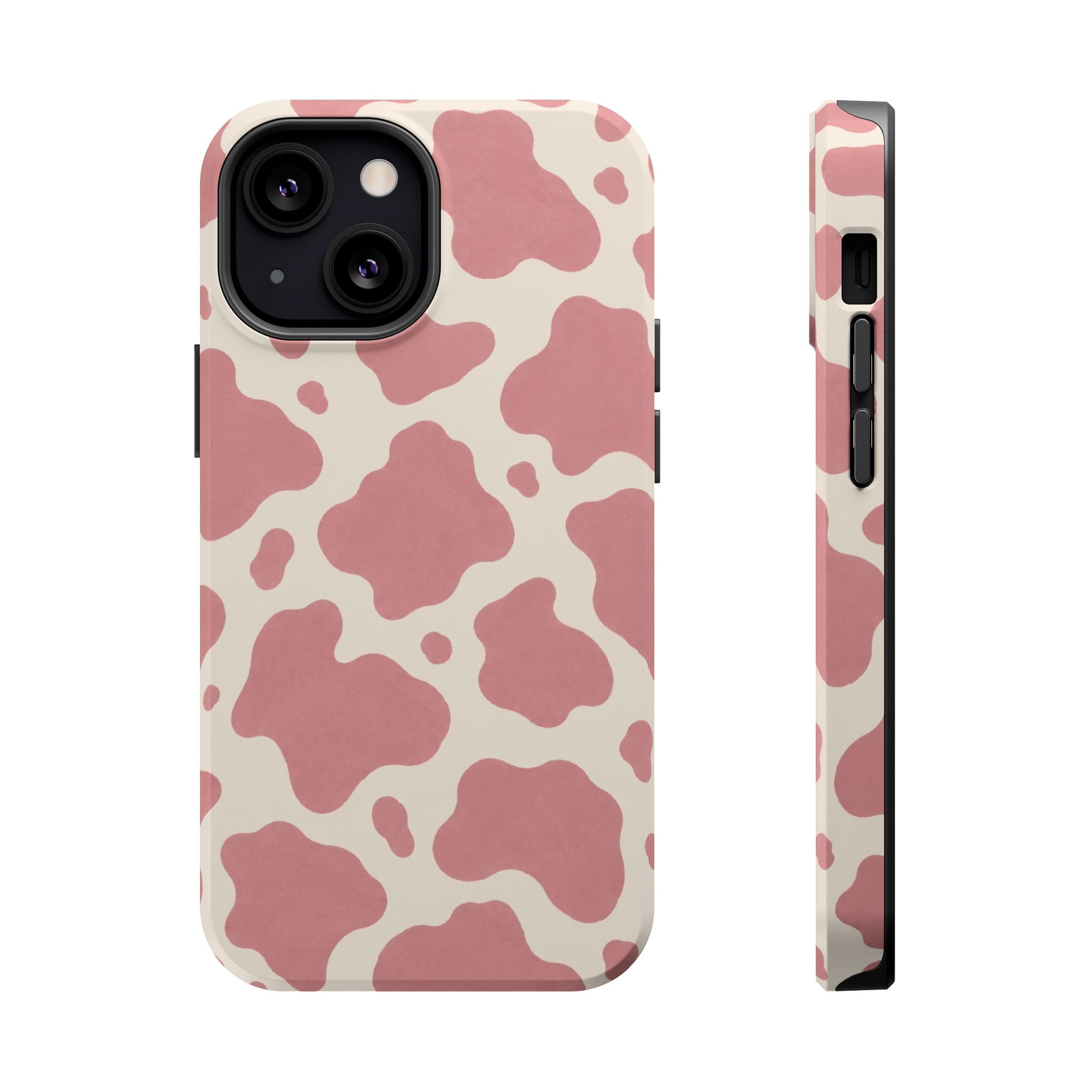 Rose Cowprint – Pink Cow Print MagSafe Phone Case, glossy iPhone 13 Mini, rear and side profile