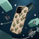 Cactus Bloom – Sage Green Floral Cactus MagSafe Phone Case, glossy square triple-camera Pro model, rear view with magnetic accessories