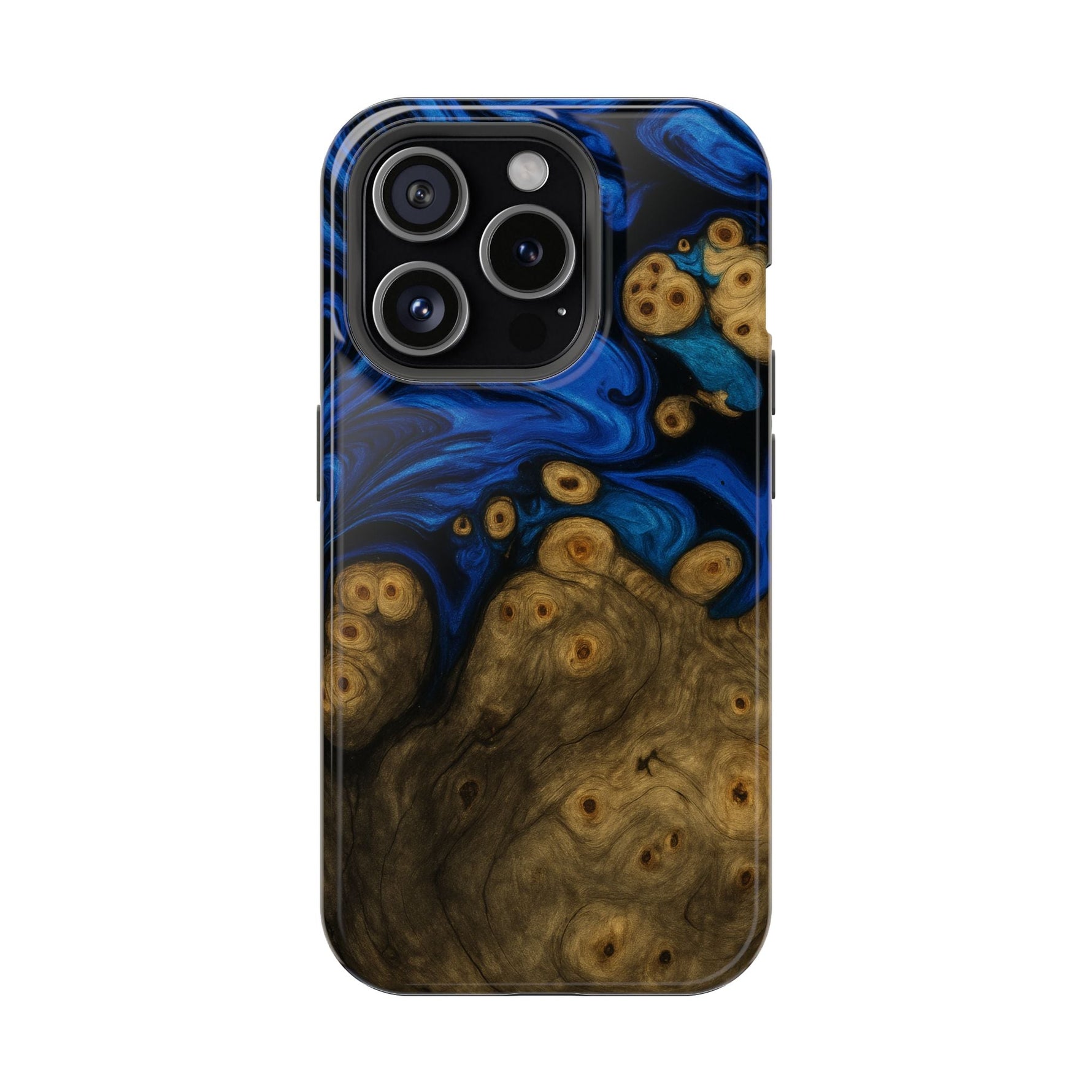 Blue Swirl & Burl Wood Impact iPhone Case | MagSafe compatible  Shamo's iPhone 15 Pro / Glossy