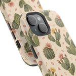 Cactus Bloom – Sage Green Floral Cactus MagSafe Phone Case, glossy diagonal dual-camera model, camera and side-button close-up