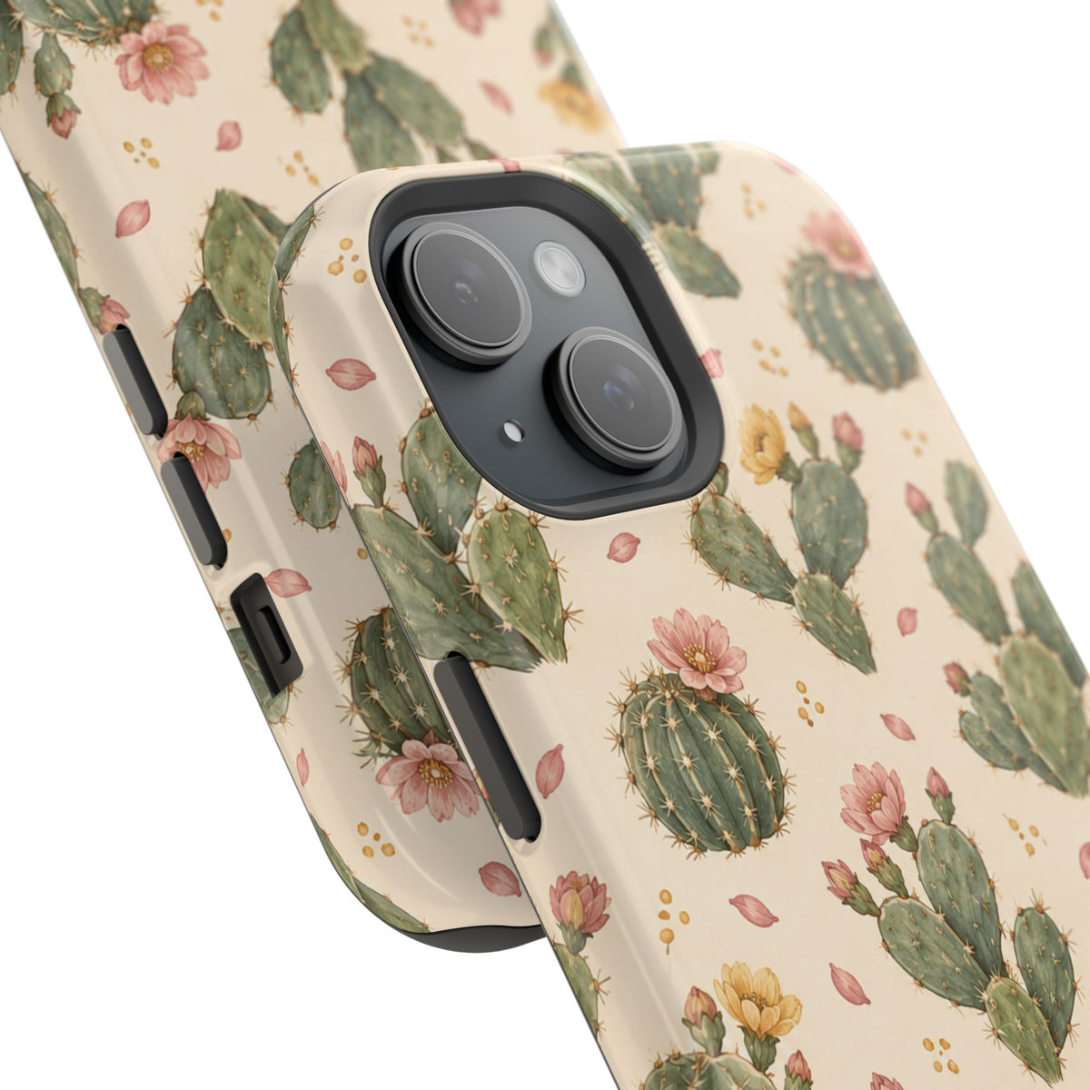Cactus Bloom – Sage Green Floral Cactus MagSafe Phone Case, glossy diagonal dual-camera model, camera and side-button close-up