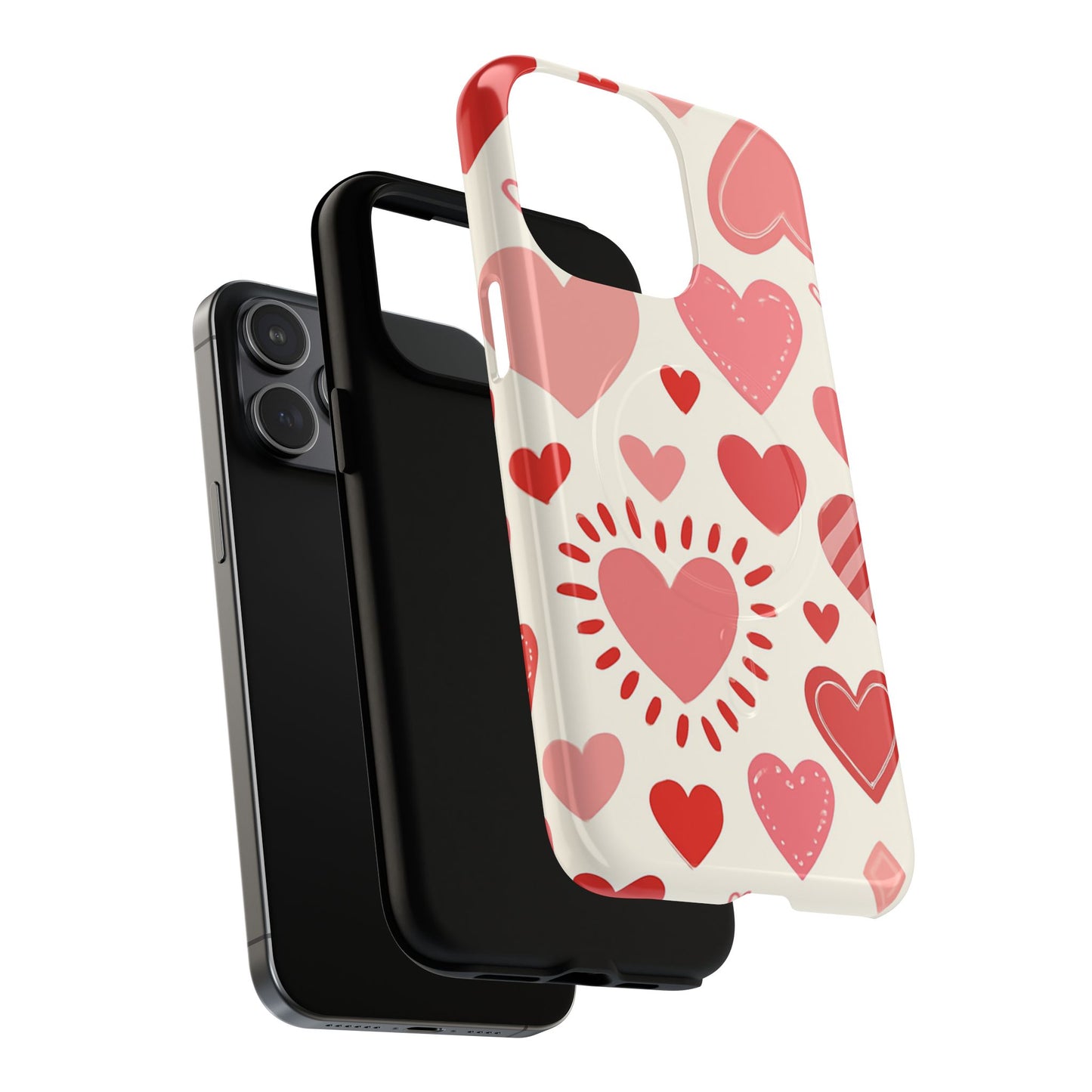 Heart Pattern Tough iPhone Case — Cute Red & Pink Hearts Protective Cover (MagSafe compatible)