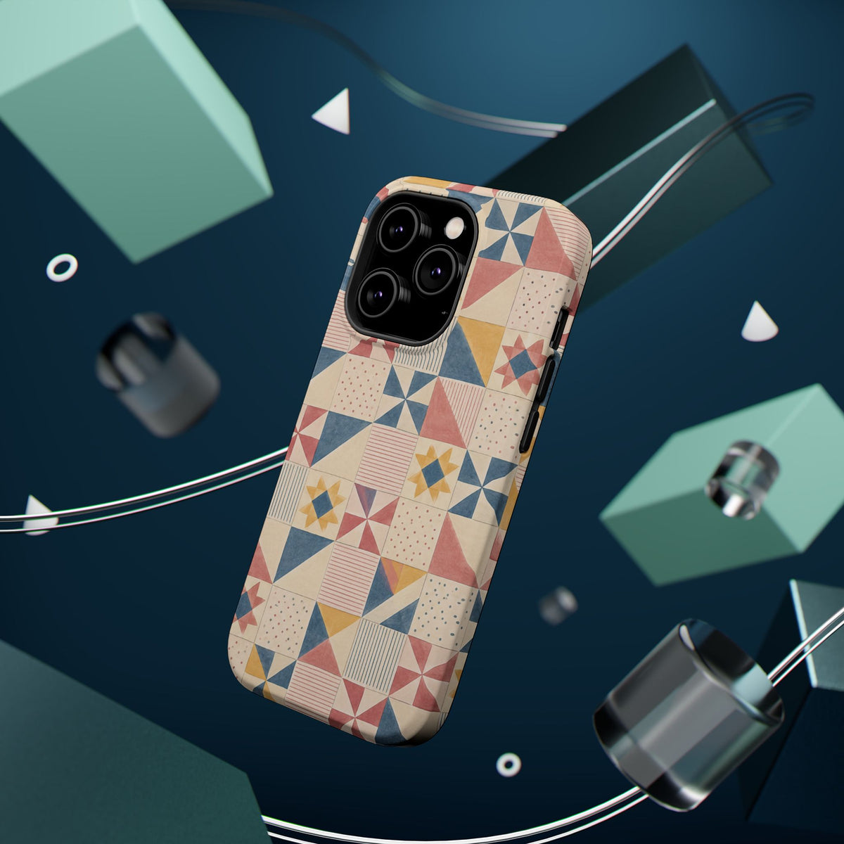 Prairie Quilt – Pastel Patchwork Pattern MagSafe Phone Case, glossy square triple-camera Pro model, rear view with magnetic accessories