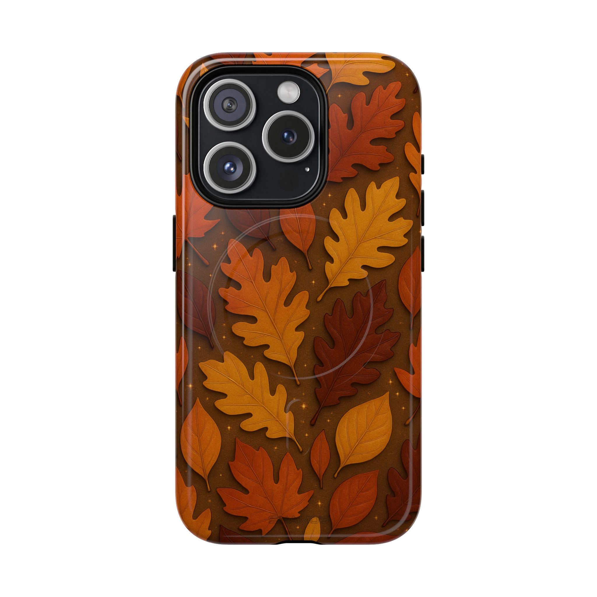Phone case with orange and golden autumn leaves on a dark brown background