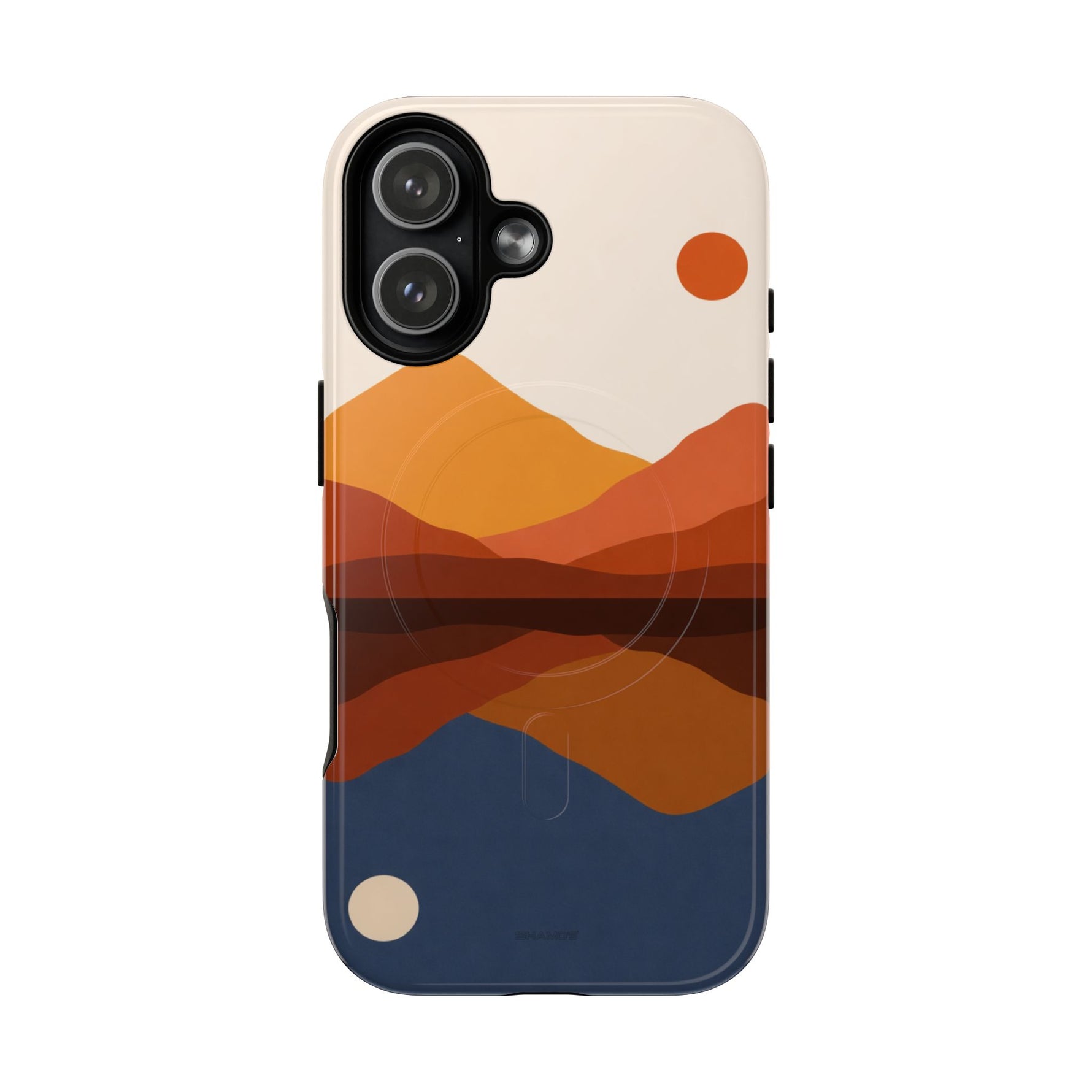 Phone case with abstract mountain landscape design in orange, brown, blue colors showing variant size