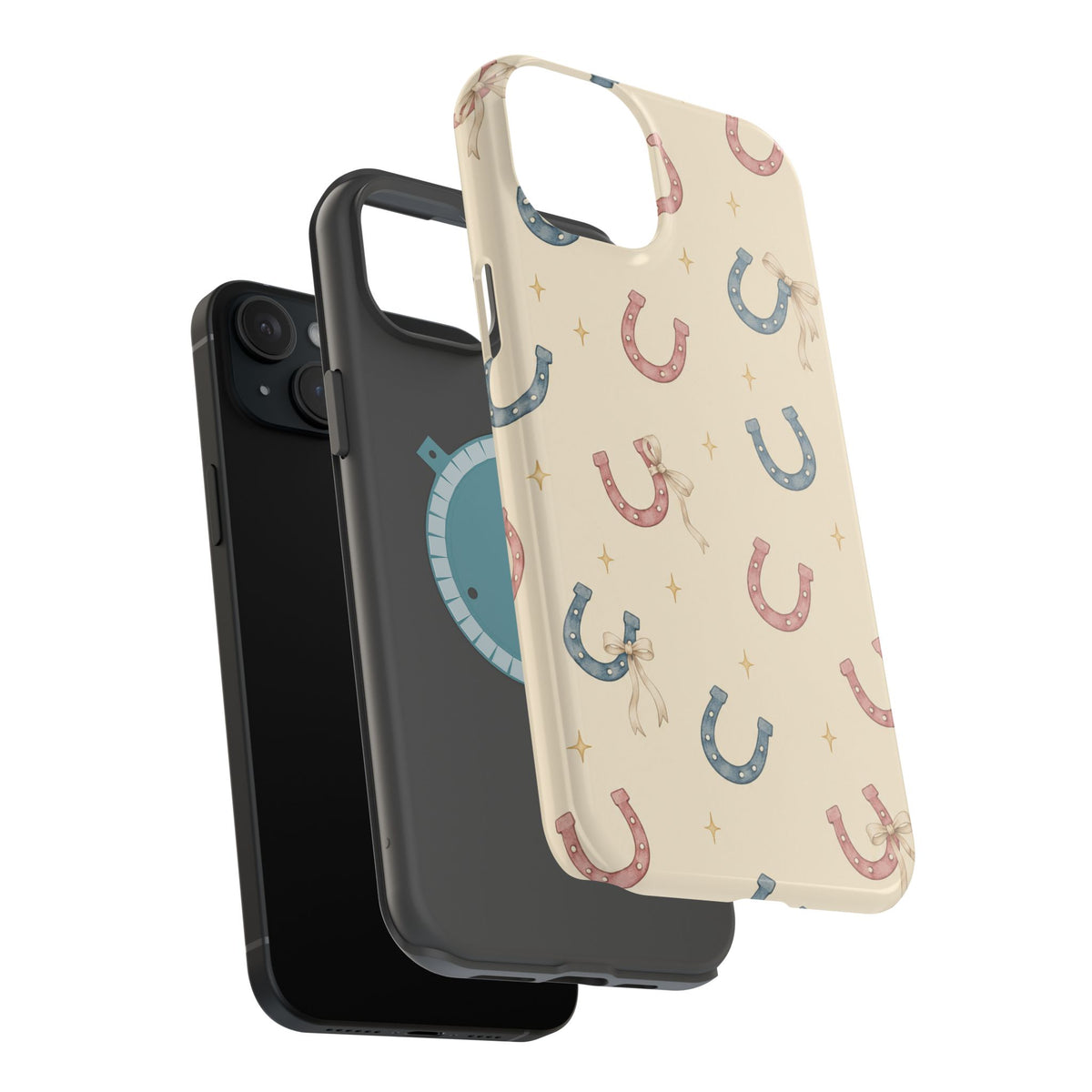 Prairie Horseshoes MagSafe Phone Case, glossy diagonal dual-camera model, exploded shell and liner with magnetic ring