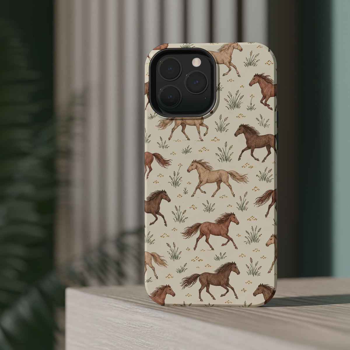 Wild Mustangs – Western Horse Pattern MagSafe Phone Case, glossy square triple-camera Pro model, rear view on a tabletop