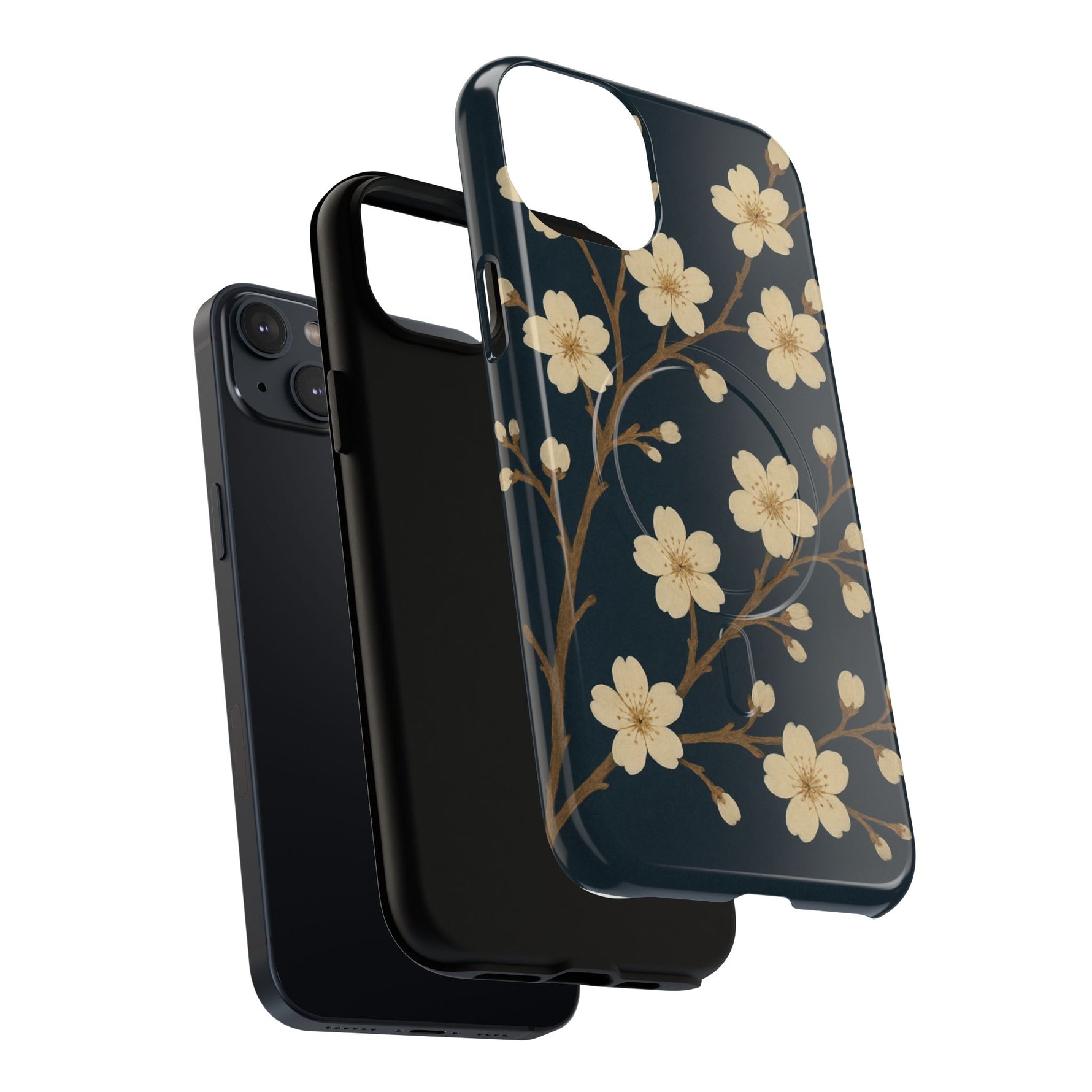 Navy Cherry Blossom Floral iPhone Case - Compatible with MagSafe - Shamo's
