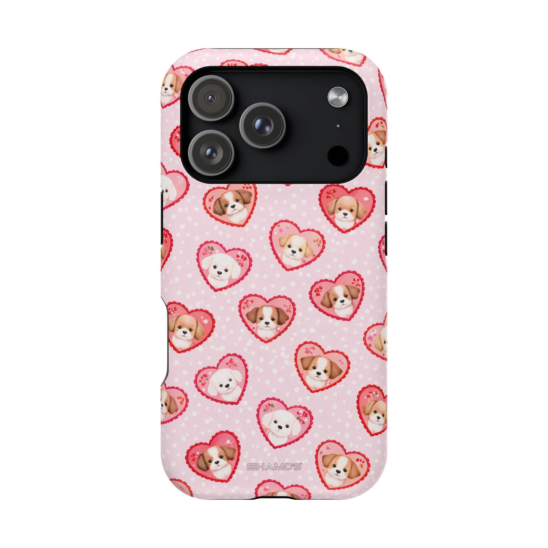 Pink Puppy Heart Pattern MagSafe Impact-Resistant iPhone Case, Valentine Phone Cover