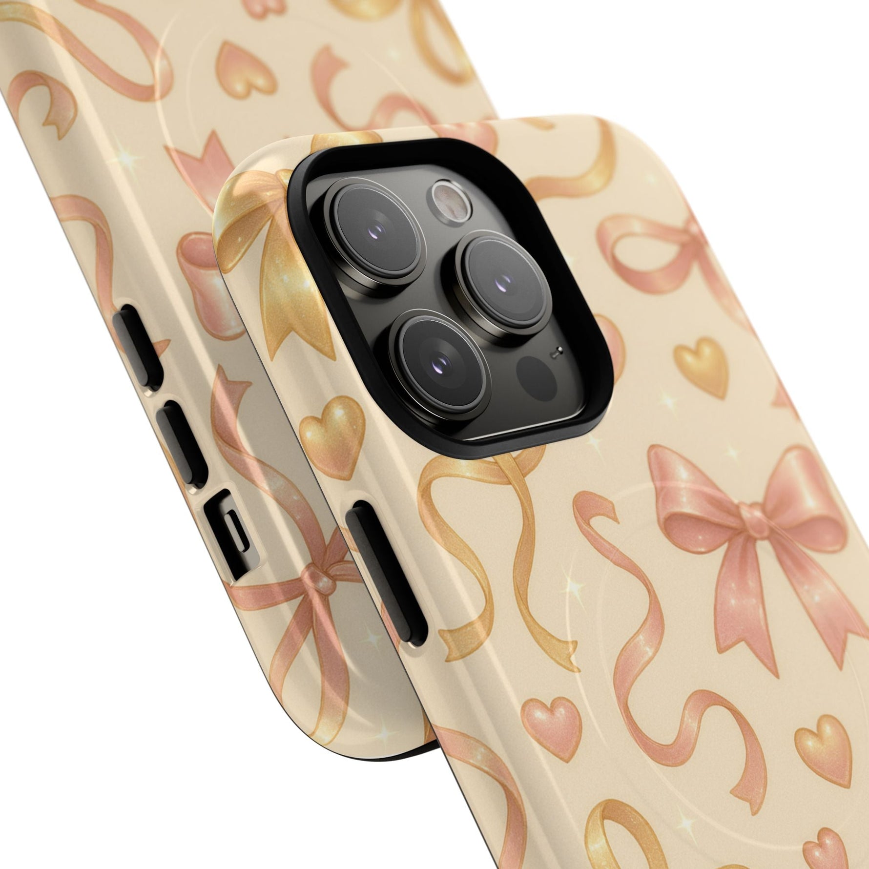 Festive Bow Charm iPhone Case — Pink & Gold Ribbon Hearts with MagSafe  Shamo's