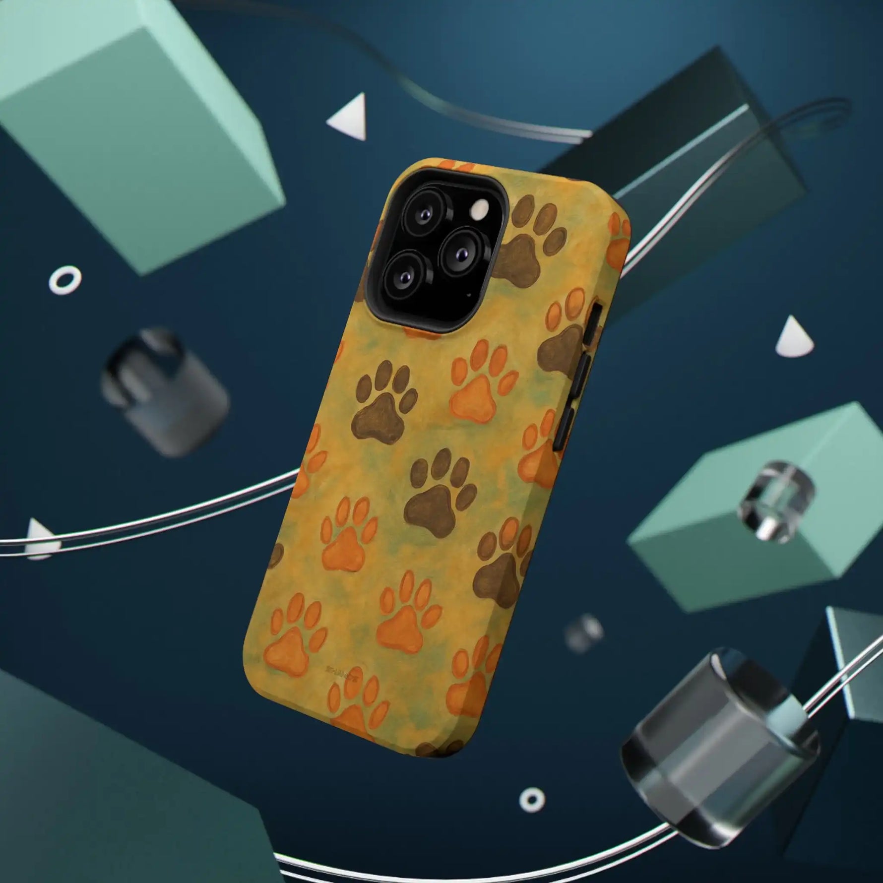 iPhone case with orange and brown paw print pattern floating among geometric shapes, showing full size variant