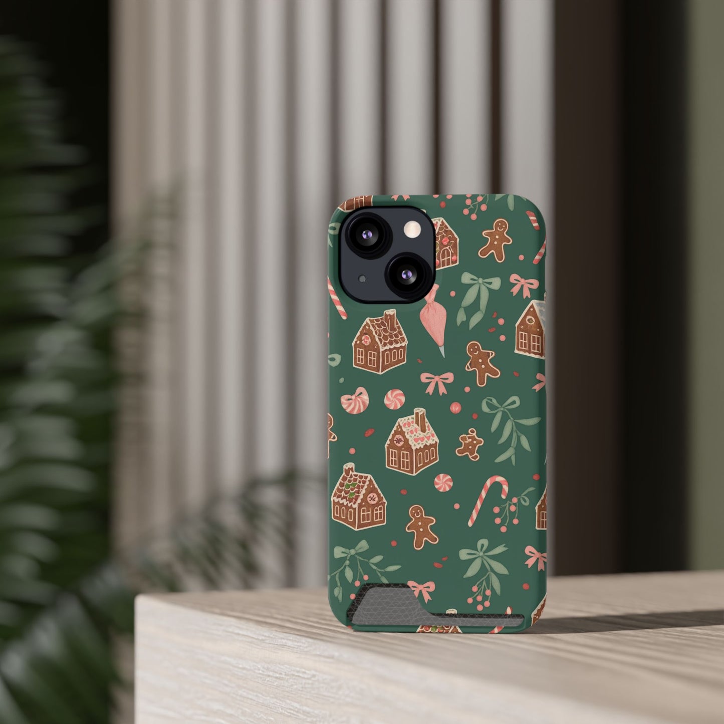 Holiday Gingerbread Phone Case with Card Holder — Festive Green Candy Cane Design