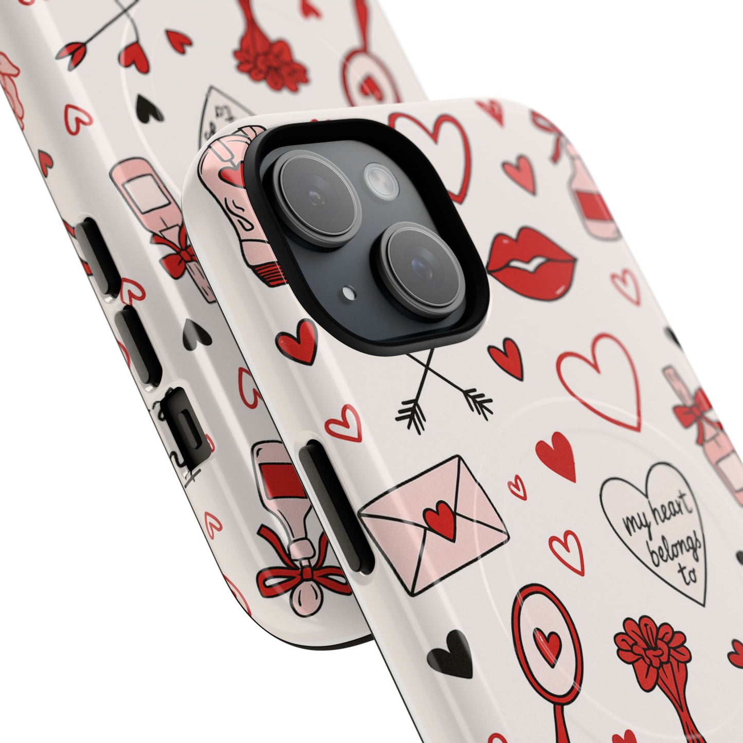 Romantic Love Doodle Tough iPhone Case ("LOVE", hearts, roses) (MagSafe compatible)