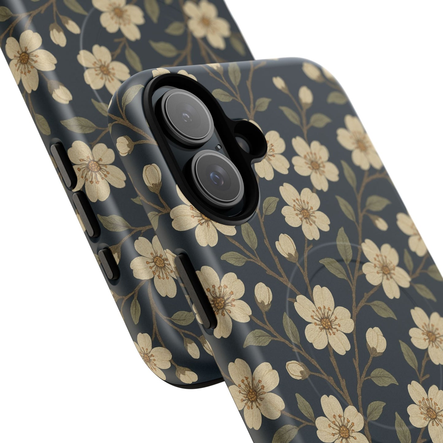 Navy Cherry Blossom Floral iPhone Case - Compatible with MagSafe