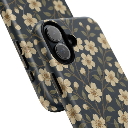Navy Cherry Blossom Floral iPhone Case - Compatible with MagSafe