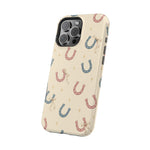 Prairie Horseshoes MagSafe Phone Case, glossy square triple-camera Pro model, angled rear view
