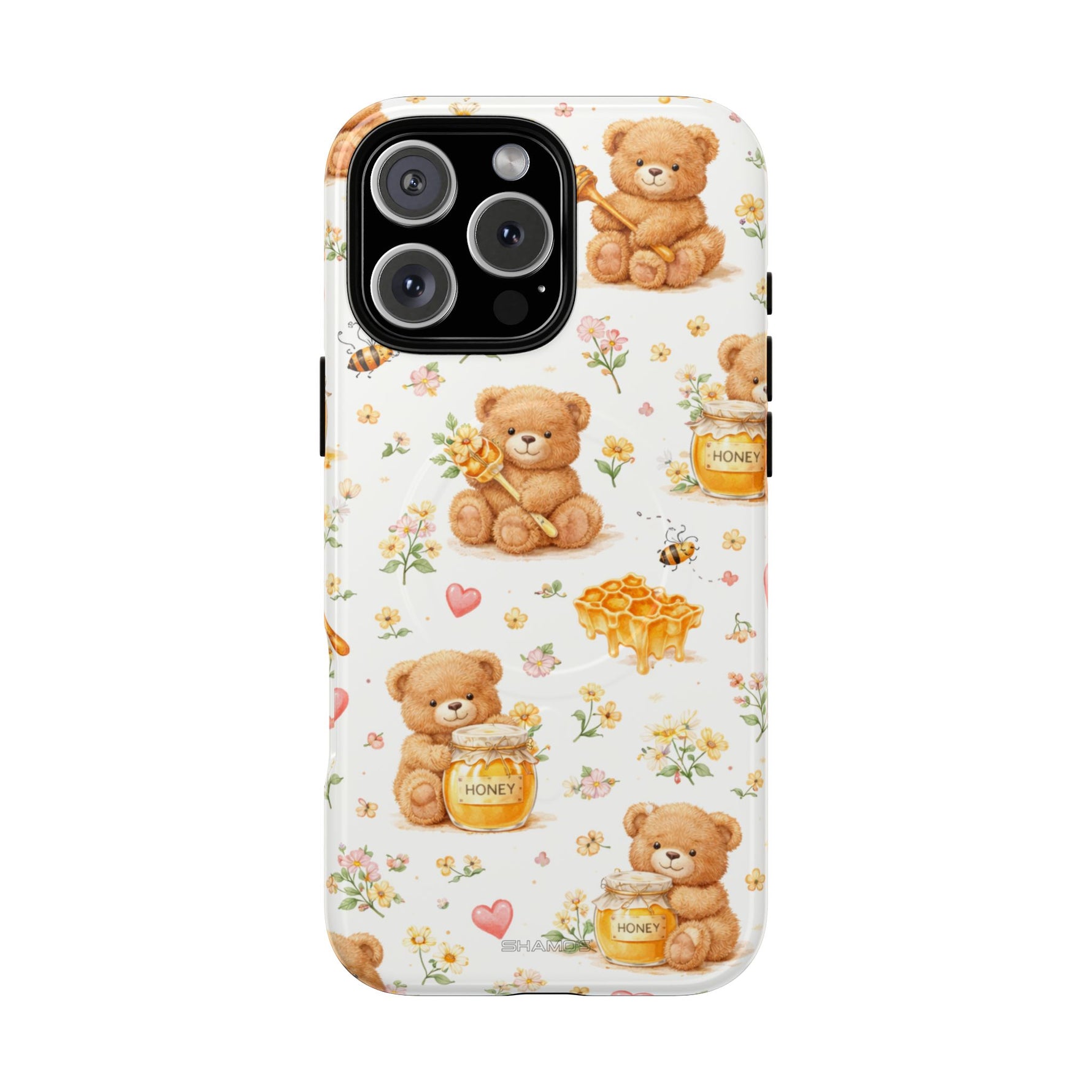 Honey Teddy Bear iPhone Case — Yellow Bee & Honey Pot Design with MagSafe