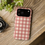 Prairie Gingham MagSafe Phone Case, glossy wide-camera Pro Max model, rear view on a wooden surface