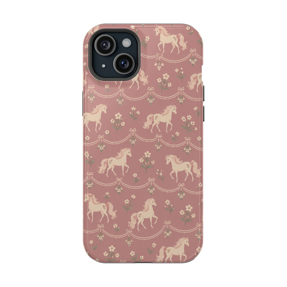 Rose Ponies MagSafe Phone Case, glossy iPhone 15 Plus, rear view
