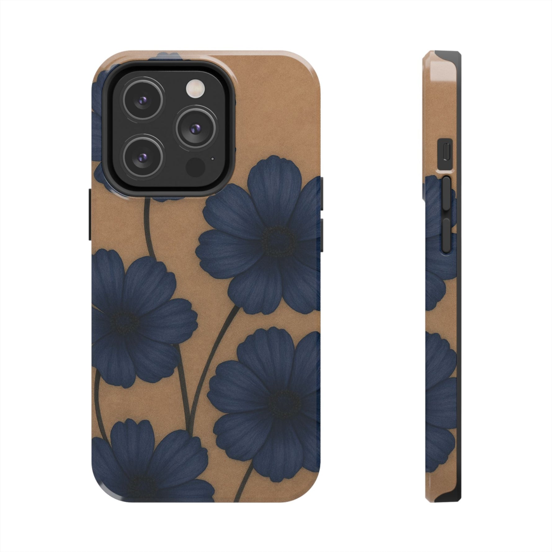 Navy Floral Tough iPhone Case — Durable Protective Case with Blue Flowers on Kraft Background  Shamo's iPhone 14 Pro