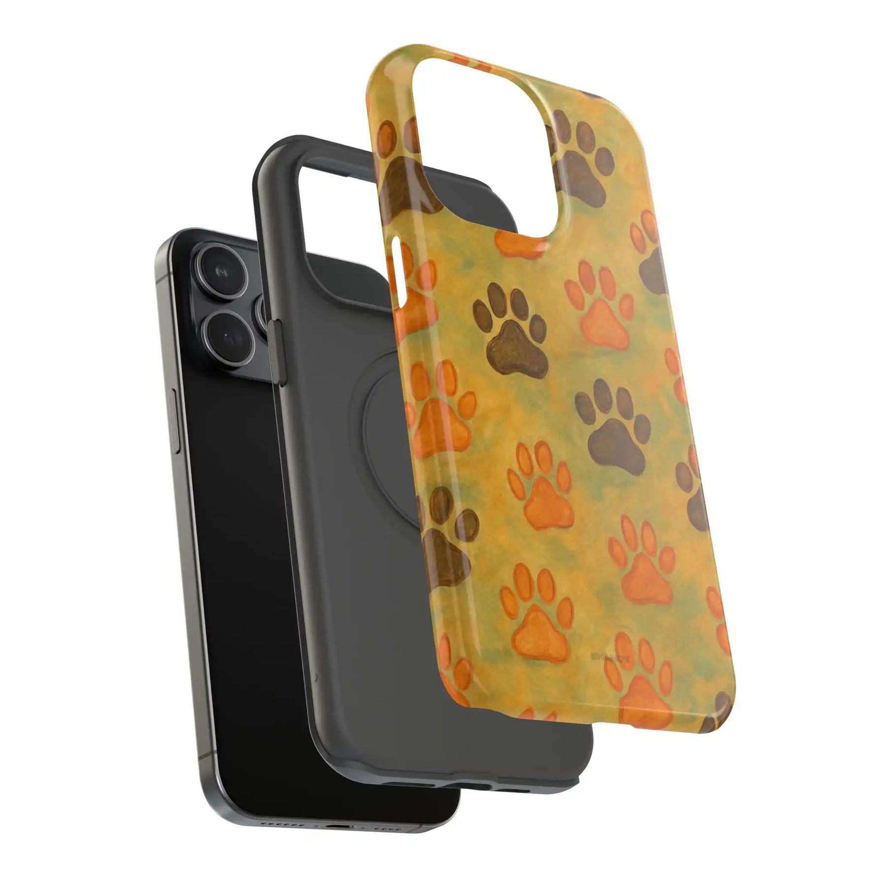 Black iPhone with two protective cases, one solid black and one yellow with brown and orange paw prints, showing size variant