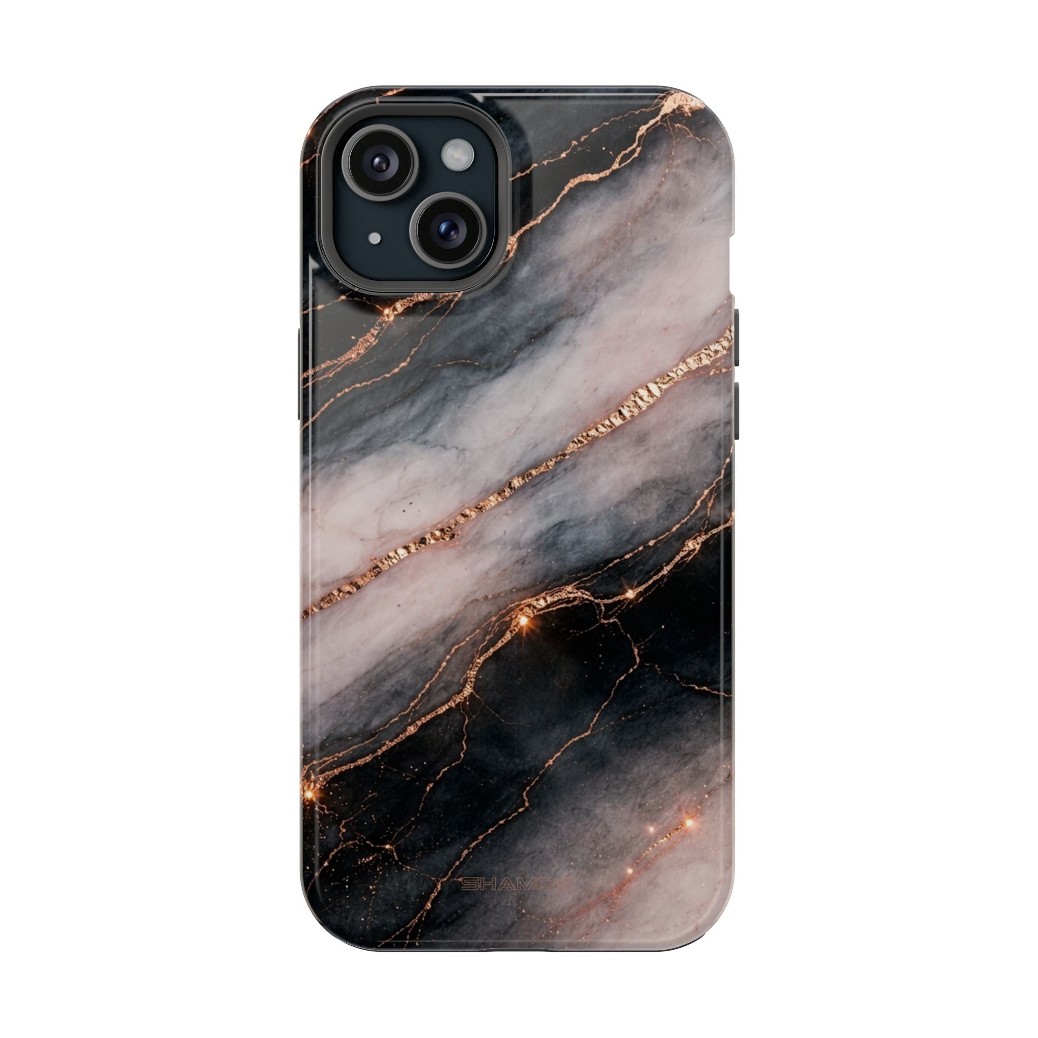 Coque de téléphone magnétique marbrée noire et or rose, compatible MagSafe — Résistante aux chocs