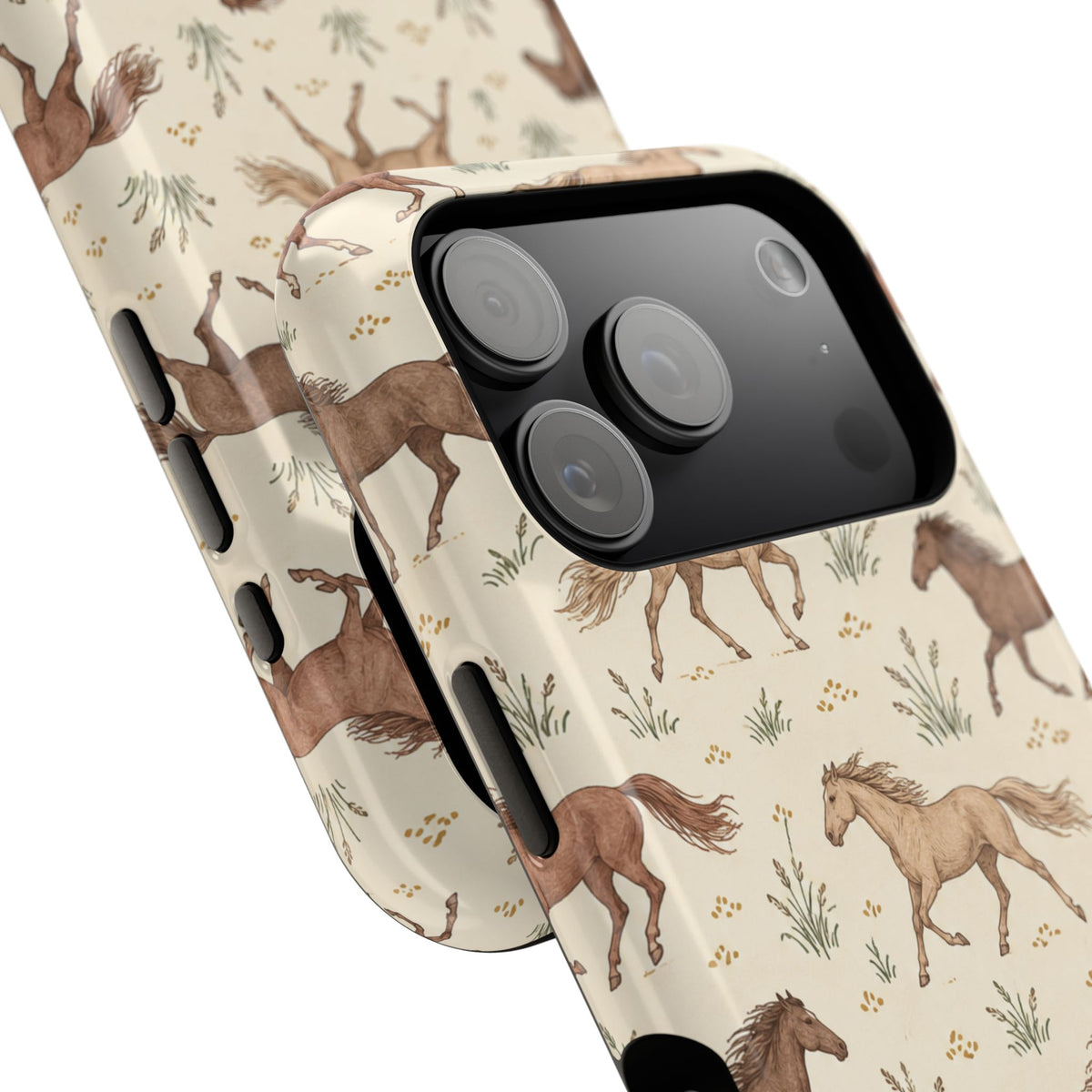 Wild Mustangs – Western Horse Pattern MagSafe Phone Case, glossy compact wide-camera Pro model, camera and side-button close-up