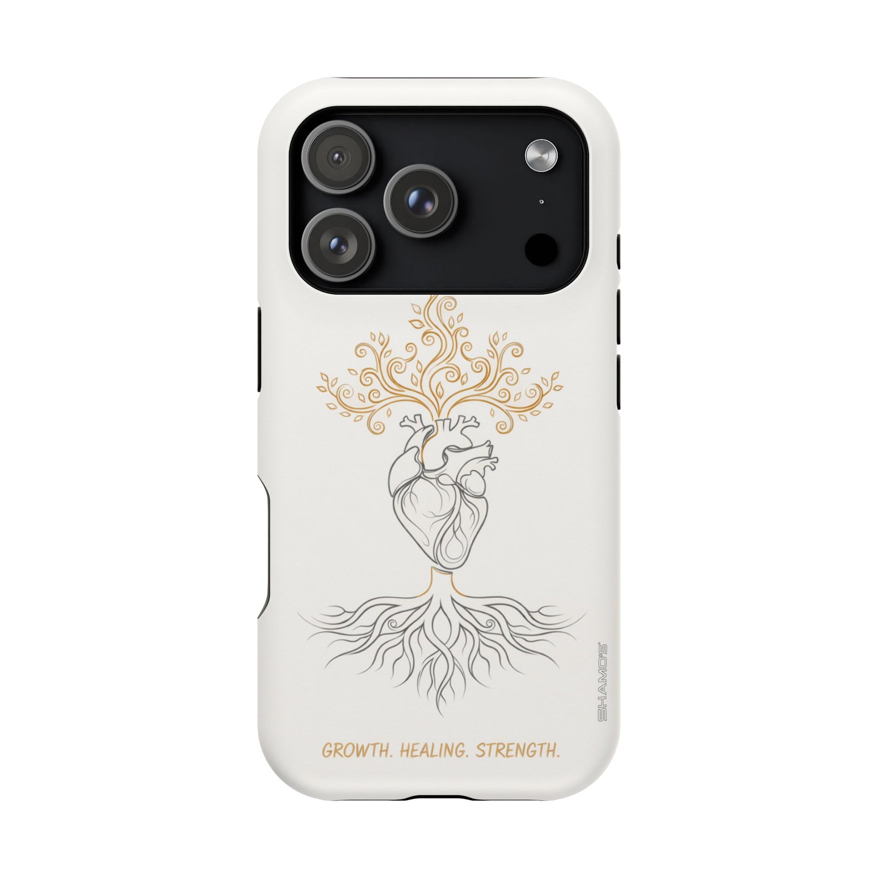 Minimalist Impact-Resistant iPhone Case, Heart Root Illustration ("Growth. Healing. Strength.") MagSafe Compatible - iPhone 17 Pro / Matte - Shamo's