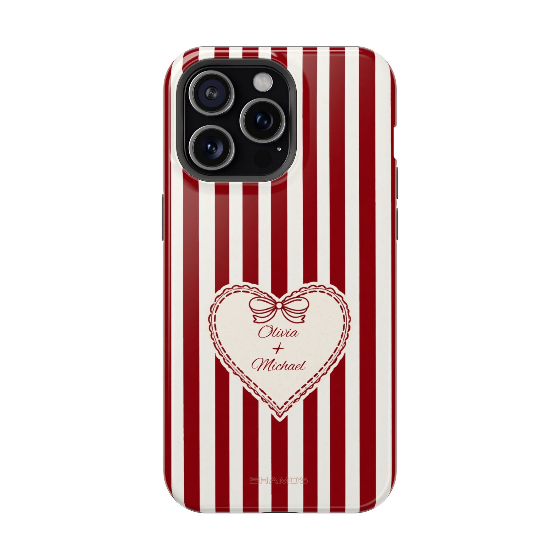 Funda personalizada a rayas — Diseño de corazón rojo y blanco (nombres personalizados)
