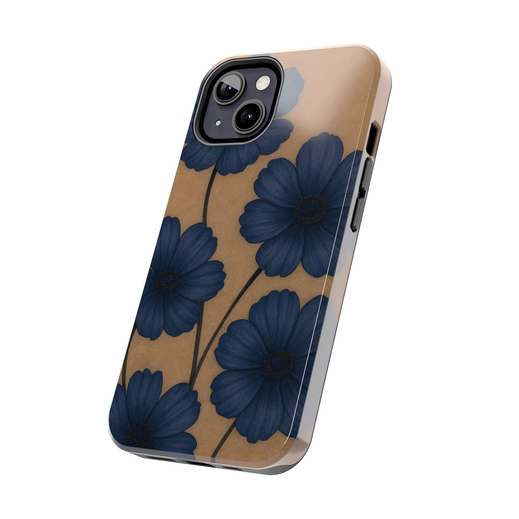 Navy Floral Tough iPhone Case — Durable Protective Case with Blue Flowers on Kraft Background  Shamo's
